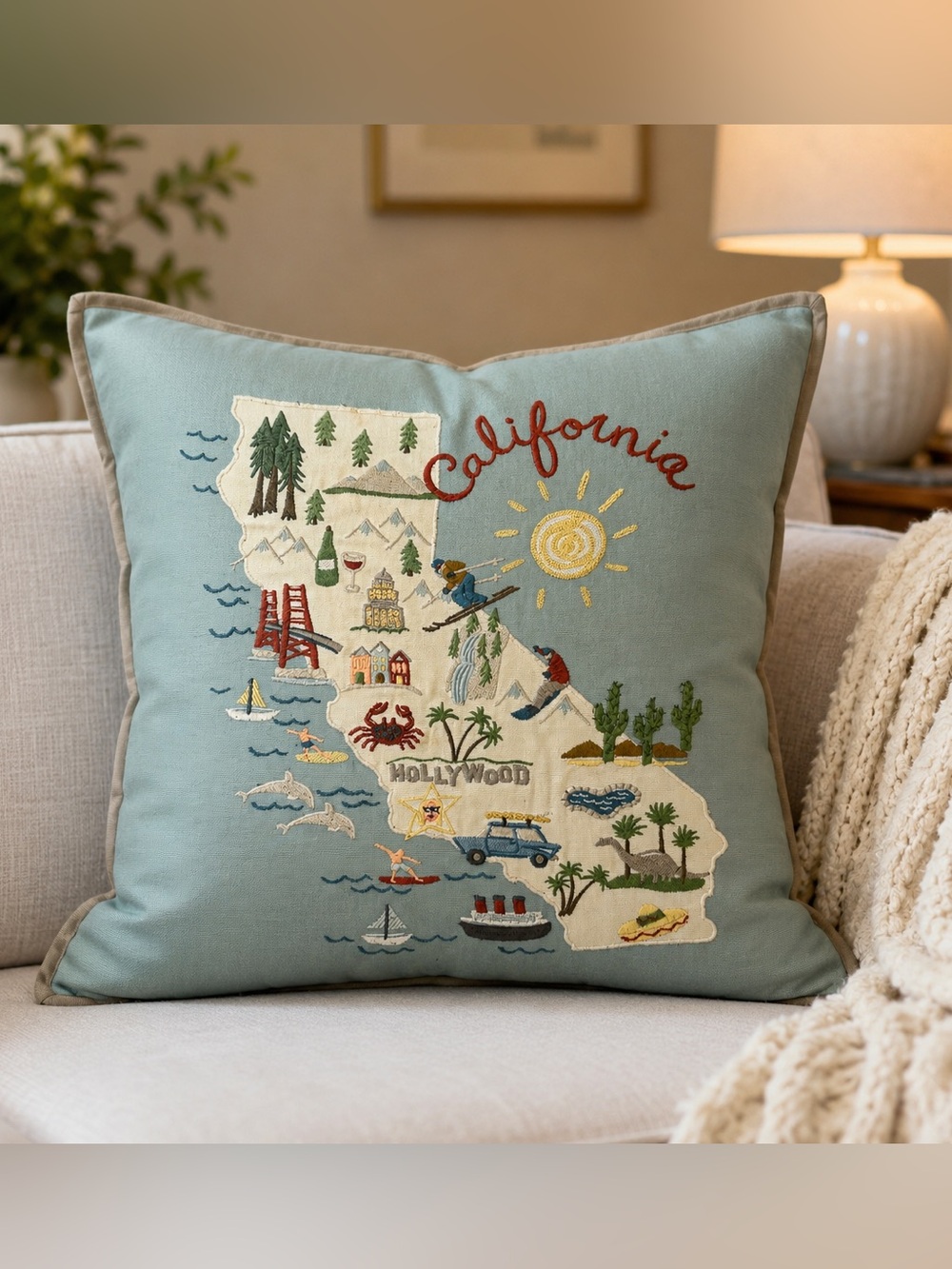 Pottery Barn California Embroidered Decorative Pillow Cover, Soft Green- 18”x18”
